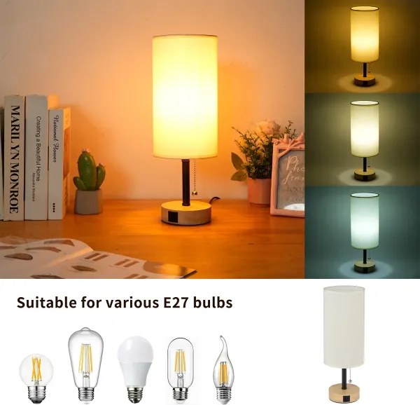 Brilagi - Stolová lampa s USB portom TABLON 1xE27/25W/230V dub/čierna/krémová