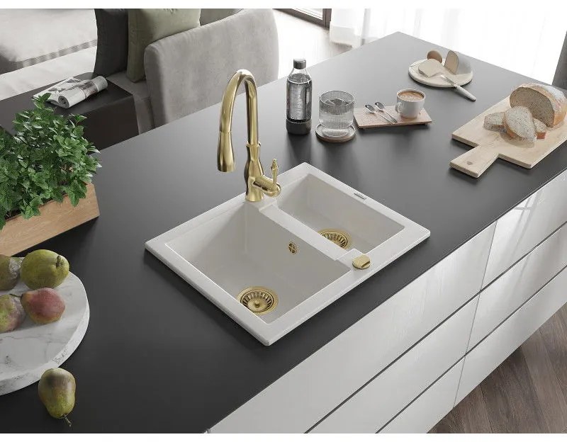 Mexen Carlos, 1,5-komorový granitový drez 582x475x177 mm a drezová batéria Savita, biela, 6518-20-672601-50