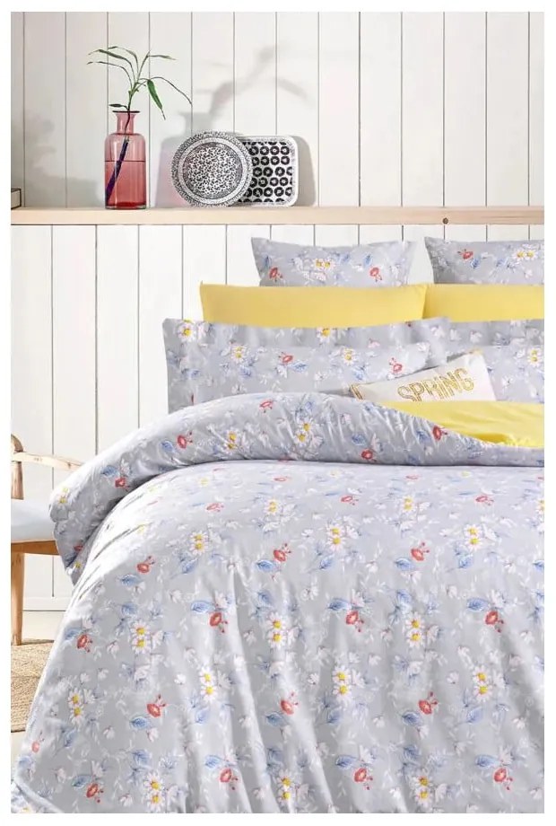 Žlto-sivé predĺžené obliečky na dvojlôžko z bavlny Renforcé s plachtou/4-dielne 200x220 cm – Mila Home