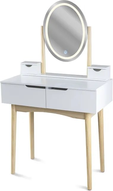 Toaletný stolík GLAM s LED zrkadlom biely / naturálny, béžová taburetka