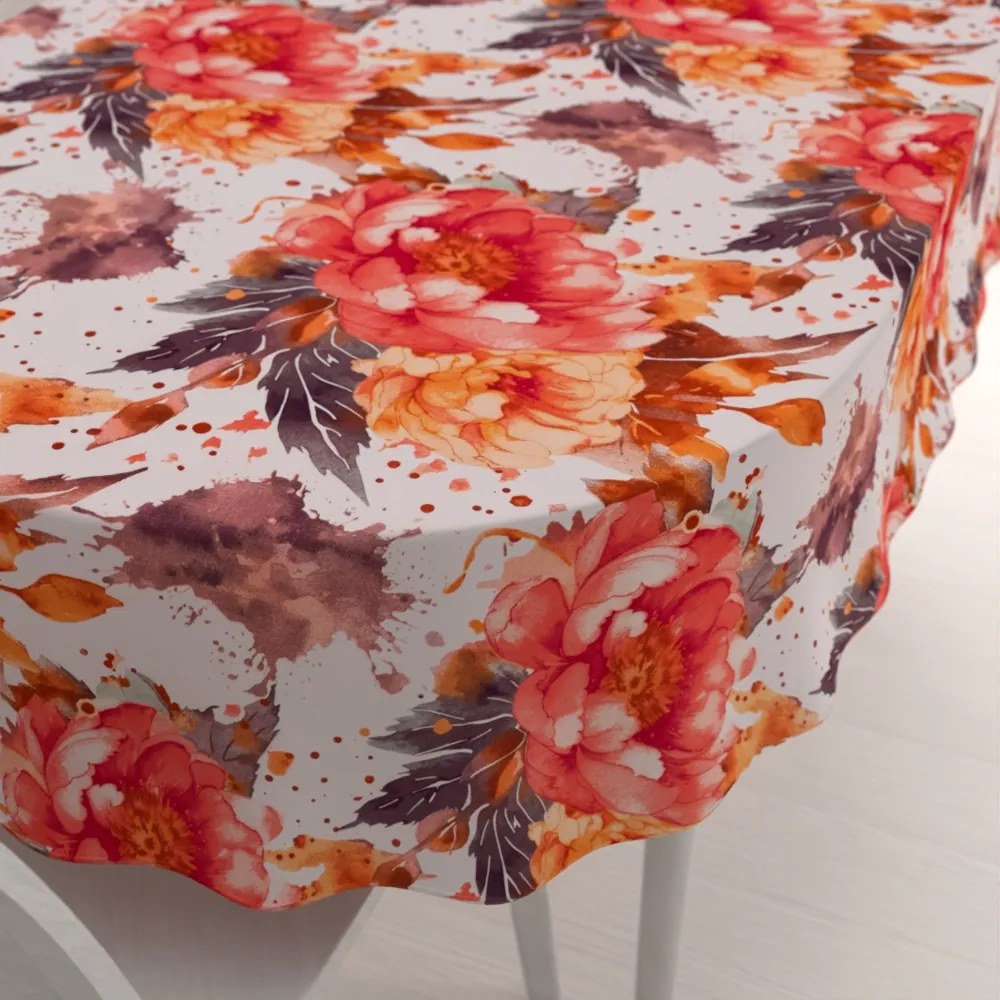 Biante Bavlnený oválny obrus Sandra SA-600 Veľké červeno-ružovo-oranžové kvety pivonky na bielom 60x100 cm