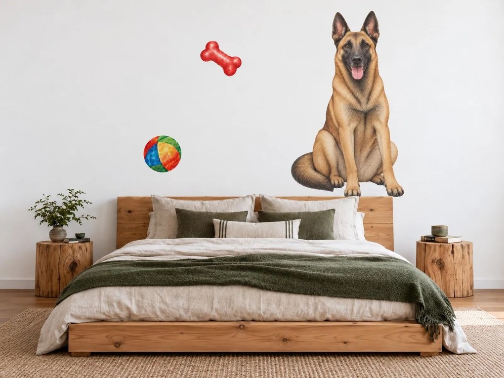 Usmievavý belgický ovčiak malinois maľované textilné nálepky na stenu pre milovníkov belgických ovčiakov arch 30 x 46 cm
