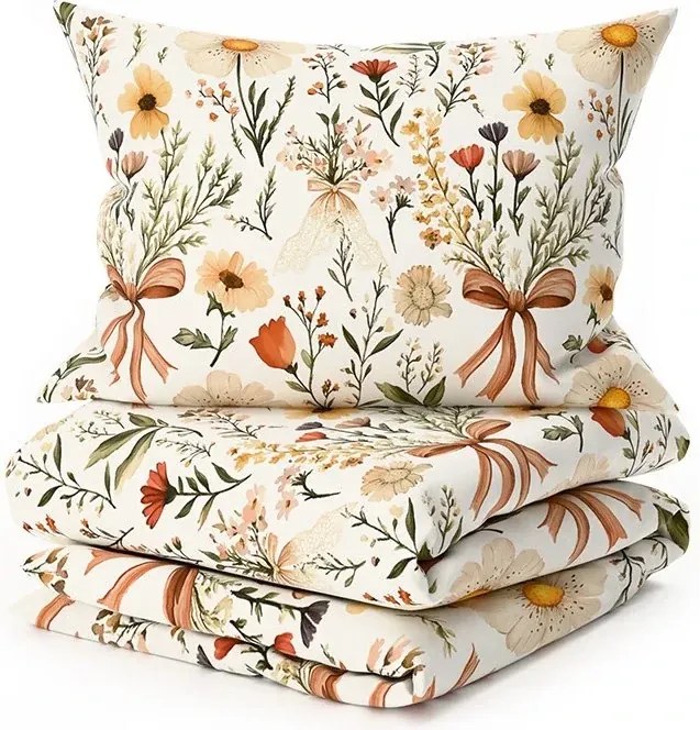 Sada krepových obliečok FLORAL RIBBON POLY farebné + plachta Jersey 180 x 200 cm svetlobéžové, dvojlôžko