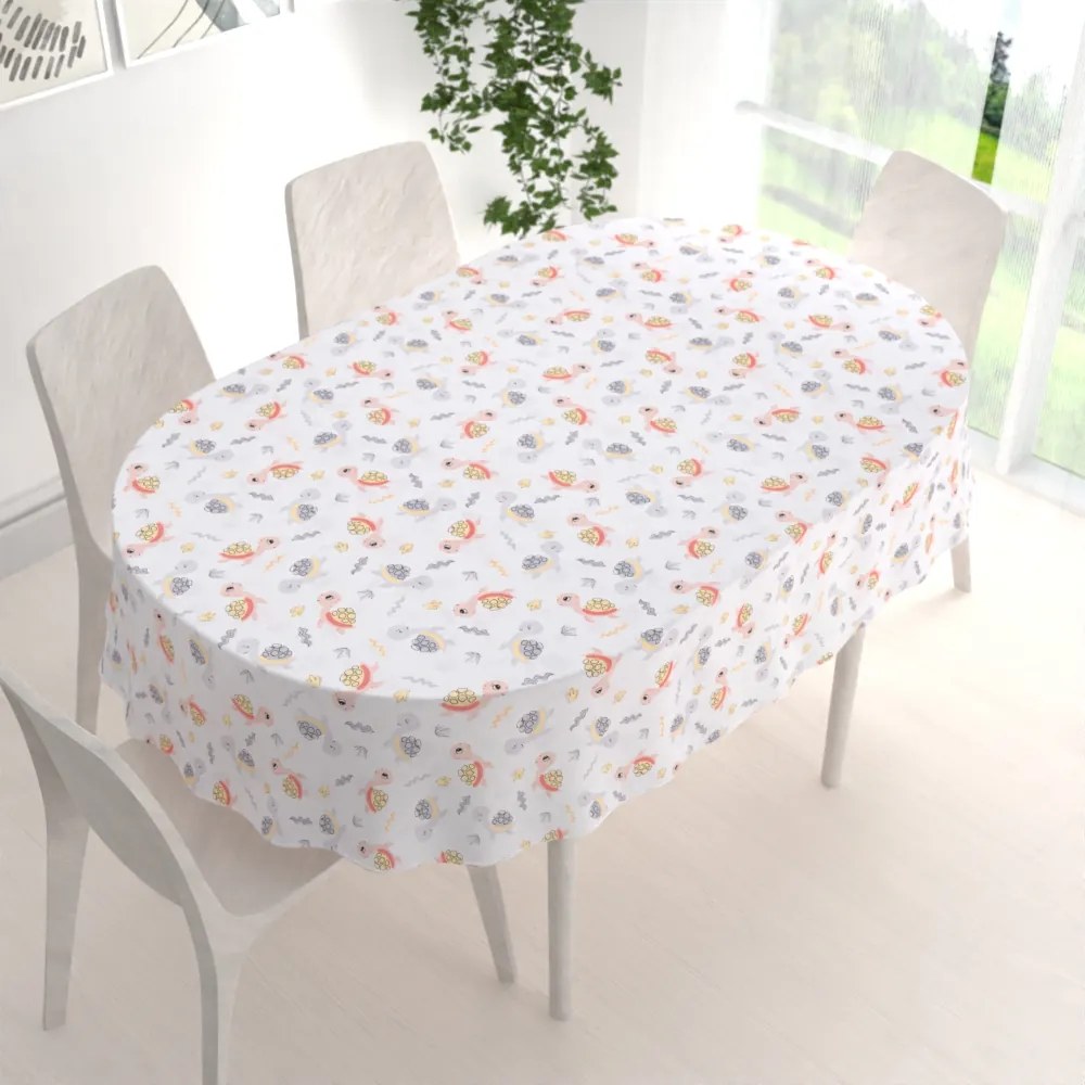 Biante Detský bavlnený oválny obrus Sandra SA-373 Veselé korytnačky na bielom 100x160 cm