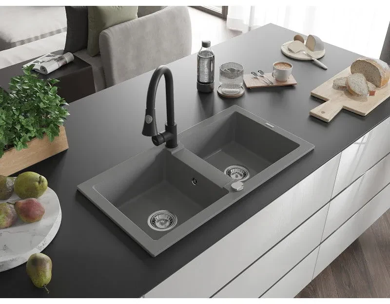 Mexen Mario, 2-komorový granitový drez 820x436x161 mm a drezová batéria Elia, šedá, 6504-71-670101-70