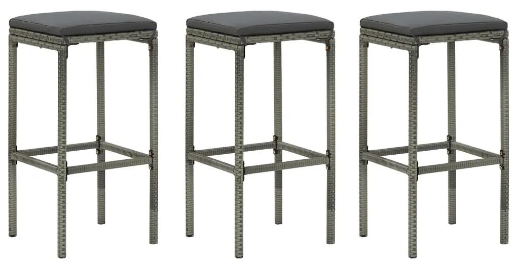 Barové stoličky s vankúšmi 3 ks sivé polyratan