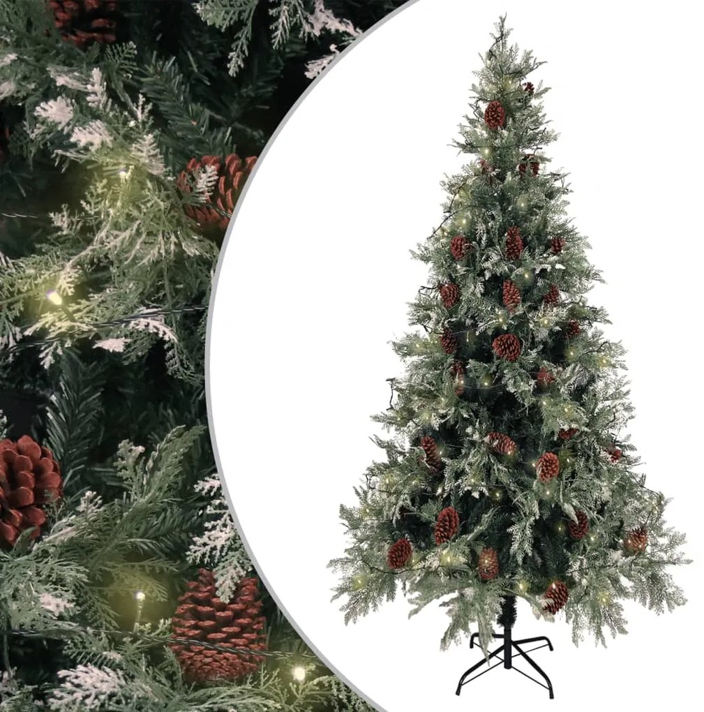 vidaXL Vianočný stromček s LED a šiškami zeleno-biely 225 cm PVC a PE
