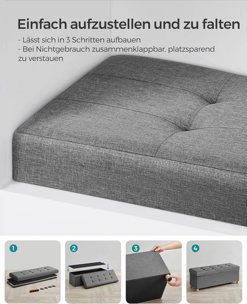 Taburetka s úložným priestorom, Skladacia lavica s nohami, 38 x 110 x 40 cm, sivá