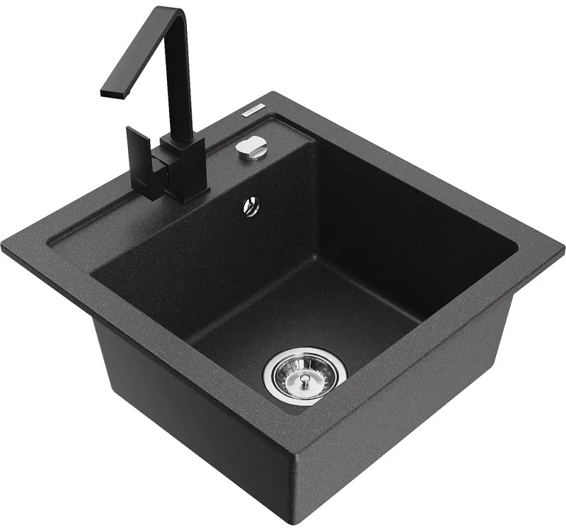Mexen Vito, 1-komorový granitový drez 520x490x210 mm, čierna batéria Rita, čierna škvrnitá, 6503-76-670300-70