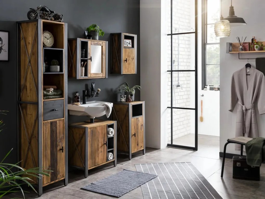 furniture-nabytek.cz - Masivní nástěnná skříňka Detroit z recyklované borovice a kovu, lakovaná, hnědá – 40×20×60 cm