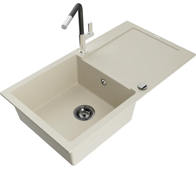 Mexen Leo, 1-komorový granitový drez 900x500x190 mm a drezová batéria Flora, béžová, 6501-69-670401-07-B
