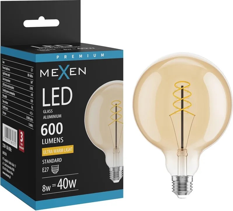 Mexen Vintis, LED žiarovka špirála E27, G125, 8W, Teplá - 2200K, 600 lm, jantárová - L168-E27-0822-50