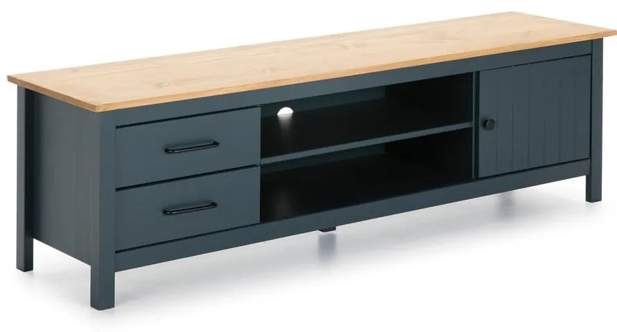Tmavomodrý TV stolík z borovicového dreva 158x47 cm Miranda – Marckeric