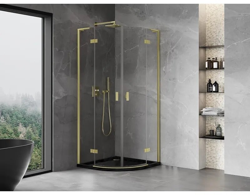 Mexen Mist L, štvrťkruhový sprchový kút s 2-krídlovými dverami, 90 x 90 cm, číre sklo, zlatý matný profil, 8A33L-090-090-55-00