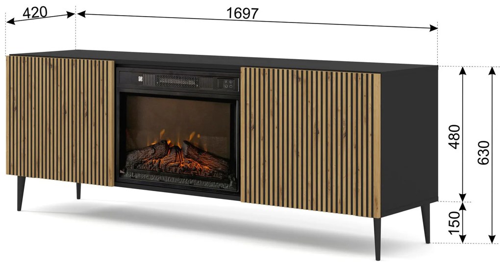 TV skrinka/stolík s elektrickým krbom FPB 2D 170 C Rowanna (dub artisan + čierna). Akcia -20%. Vlastná spoľahlivá doprava až k Vám domov. 1125092