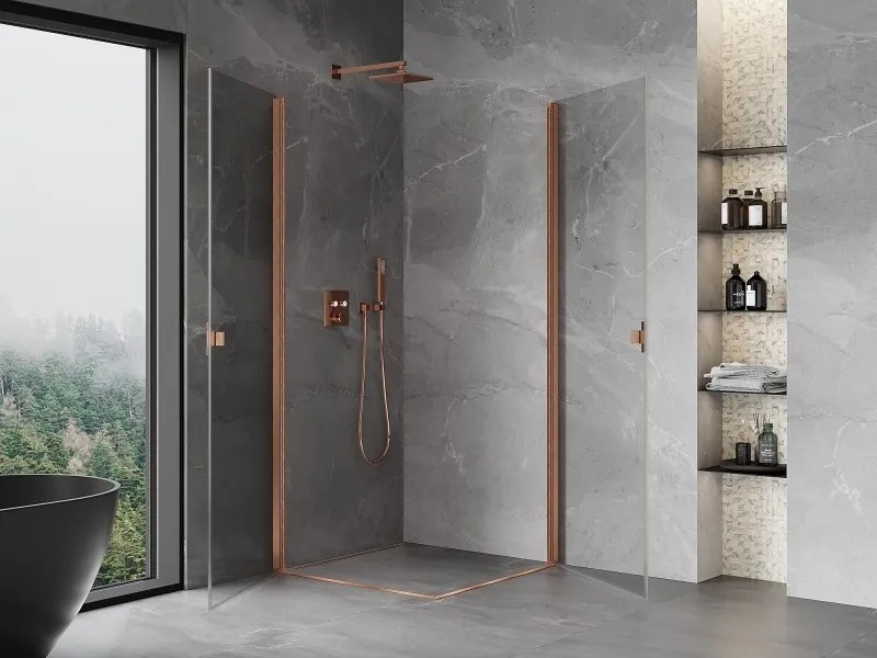 Mexen Mist-B Duo, 2-krídlový výklopný sprchový kút 75 x 75 cm, číre sklo, medený matný profil, 8A2-075-075-65-00
