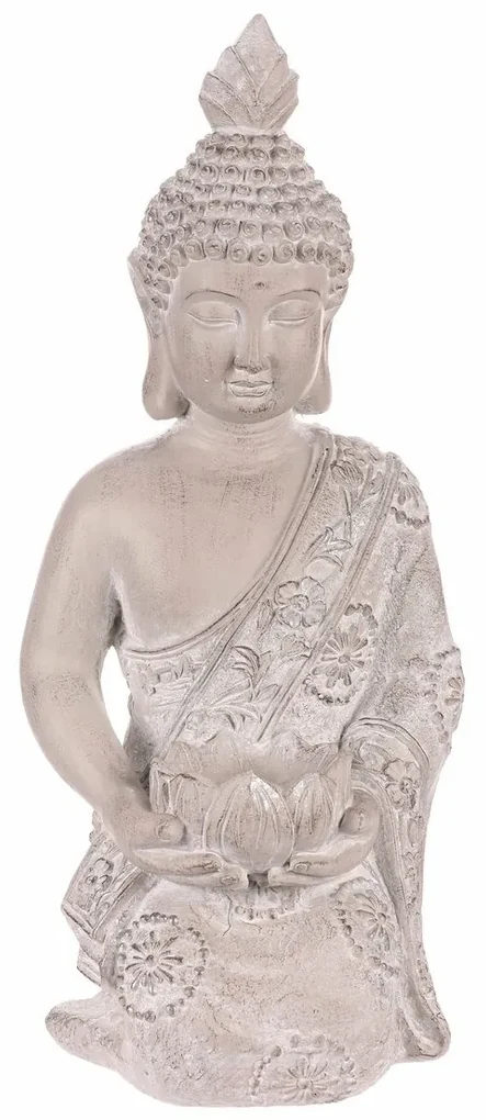 Dekorácia soška Budha kľačiaci, sivá, polyresin, 25 x 24 x 57 cm