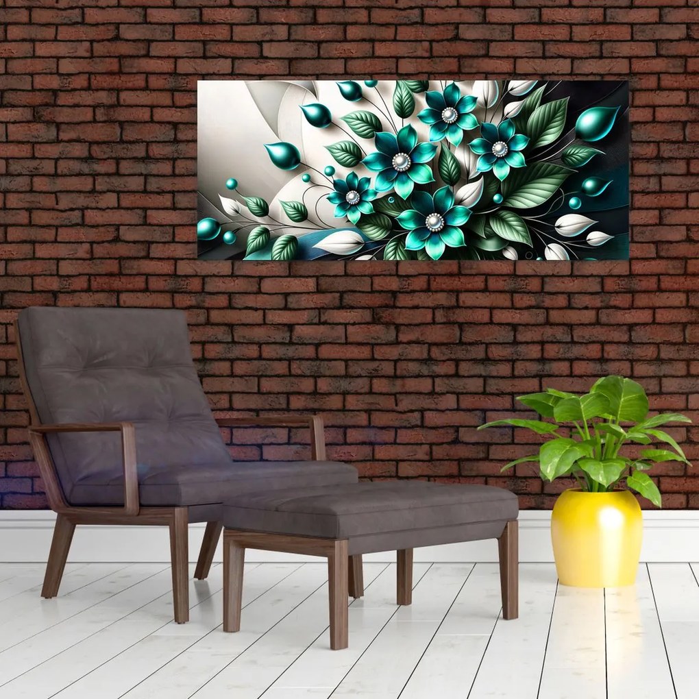 Obraz - 3D tyrkysové kvety (120x50 cm)