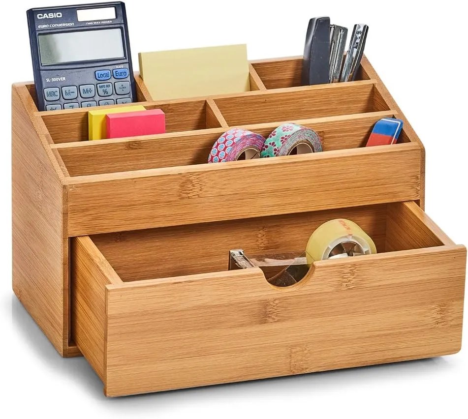 Organizér na kozmetiku, na stôl, 6 priehradiek + zásuvka, bambusový THINGS6