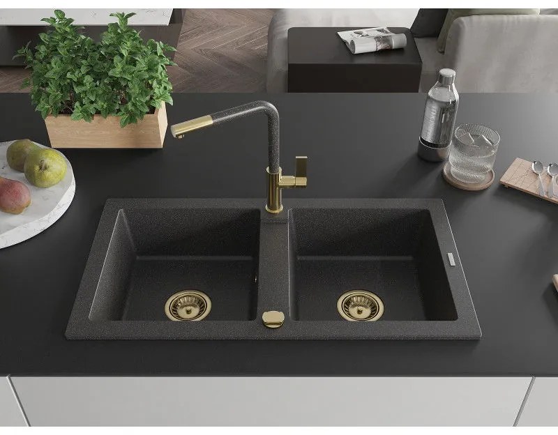 Mexen Mario, 2-komorový granitový drez 820x436x161 mm a drezová batéria Flora, čierna škvrnitá, 6504-76-670401-75-G