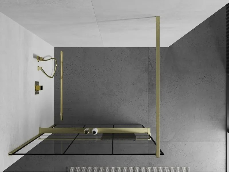 Mexen Kioto+, sprchová zástena Walk-In s poličkou a vešiakom 110 x 200 cm, 8mm číre sklo čierny vzor, zlatý matný profil, 800-110-121-55-77