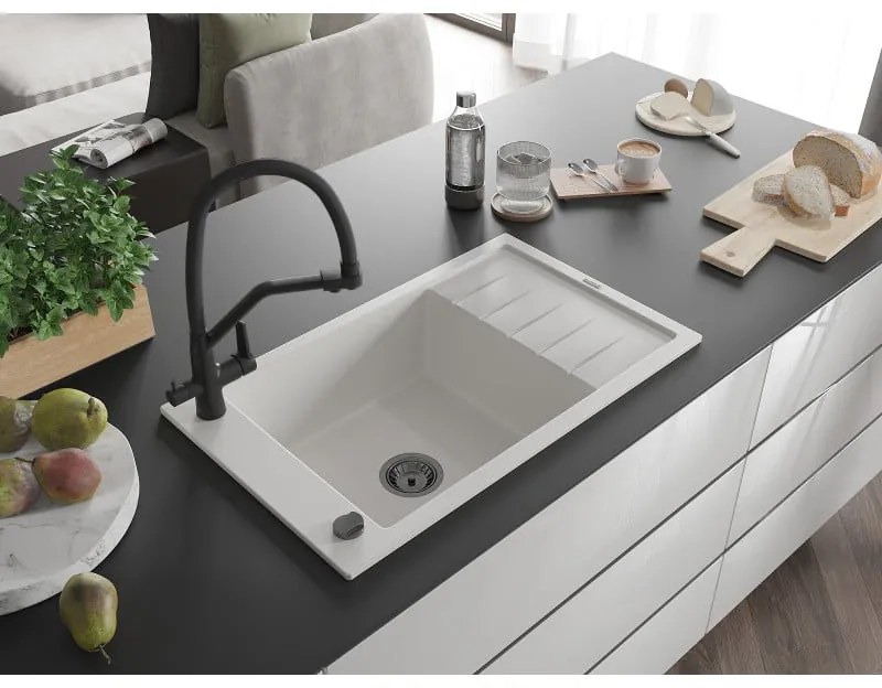 Mexen Elias, 1-komorový granitový drez 795x480x200 mm a drezová batéria Duo, biela, 6511-20-671701-70-B