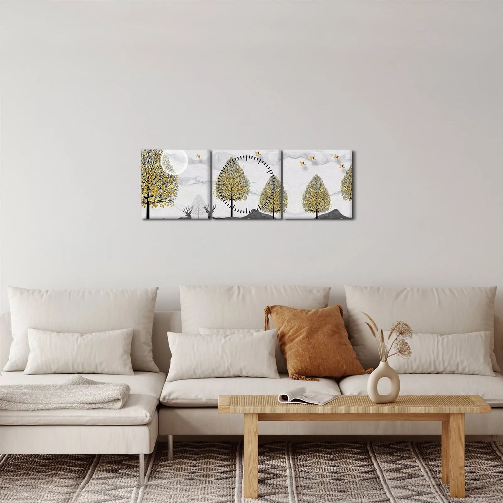 Obraz maľovaných jeleňov (s hodinami) (90x30 cm)