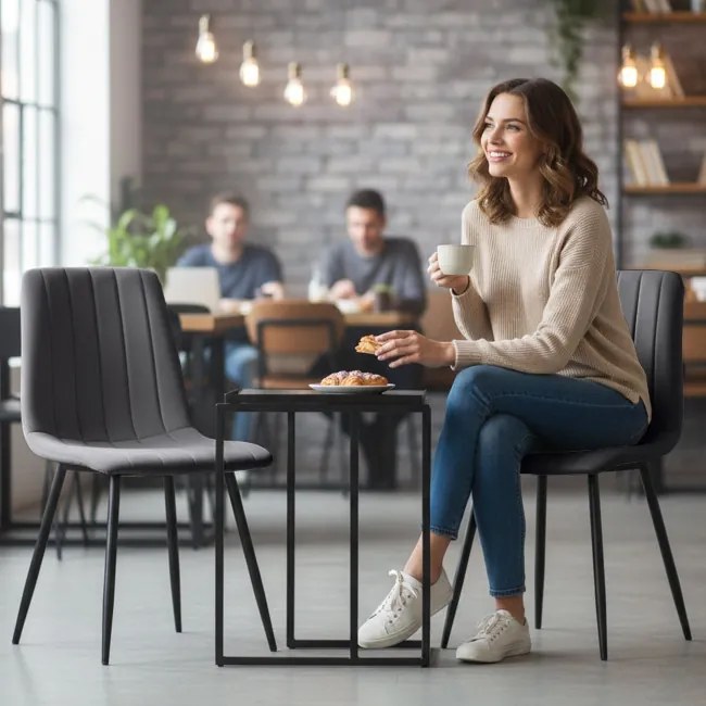 Sada ôsmich jedálenských stoličiek LIVO zamatové, grafitové / čierne nohy (8 ks)