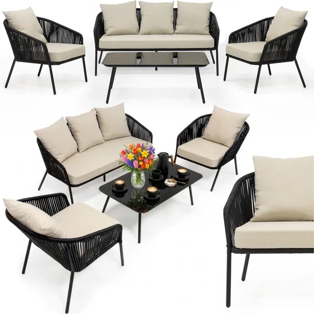 Záhradný nábytok na terasu – pohovka, kreslá a stolík Springos GF0116 čierno-béžová súprava