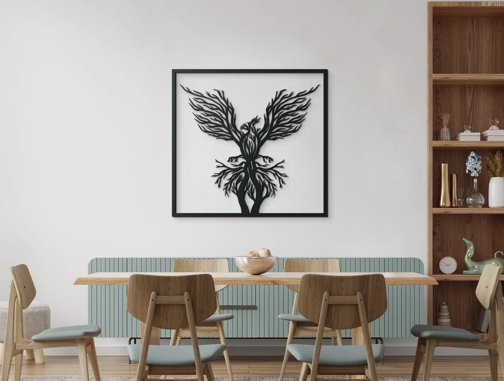 drevko 3D obraz Vták - ohnivák a stromy Rozmer obrazu: 31 x 32,5 cm, Farba dekorácie: Čierna