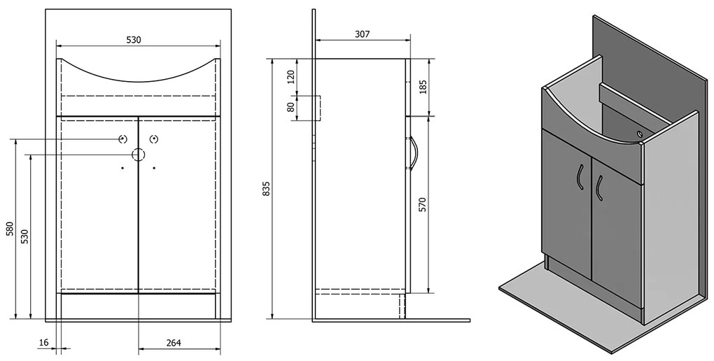 Aqualine, SIMPLEX ECO 55 umývadlová skrinka s umývadlom 53x83,5x30,7cm, SIME550