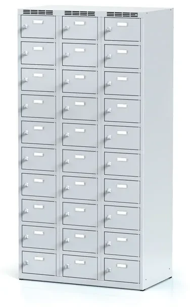 Alfa 3 Šatníková skrinka s úložnými boxami, 30 boxov, 1800 x 900 x 500 mm, cylindrický zámok, sivé dvere