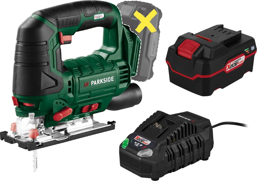 Parkside®  Aku priamočiara píla 20 V Pstda 20-Li C3 + Akumulátor 20 V/4 Ah + Rýchlonabíjačka 20 V/4,5 A  (800012335)