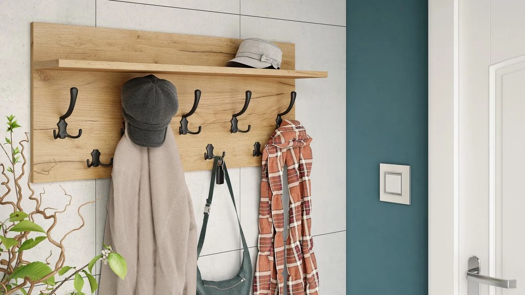 FINLO Dub craft zlatý / držiaky Čierne matné - MODERNÝ NÁSTENNÝ VEŠIAK S POLICAMI DO PREDSIENE 90 cm