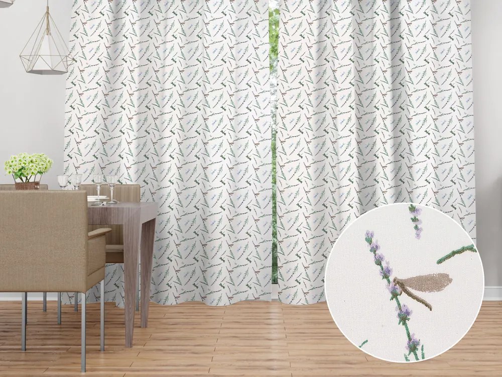 Biante Bavlnený záves Sandra SA-560 Vážky a levandule na bielom 150x210 cm