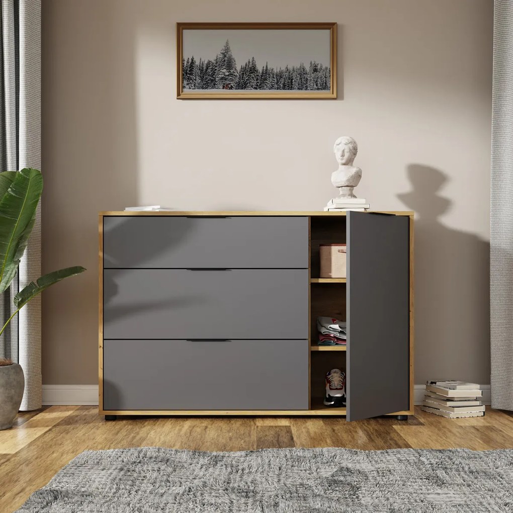 Komoda so zásuvkami Neston 1D/3DR - sivý grafit / dub wotan