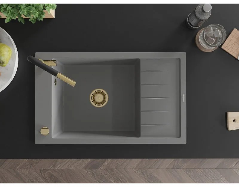 Mexen Elias, 1-komorový granitový drez 795x480x200 mm a drezová batéria Flora, šedá, 6511-71-670401-57-G