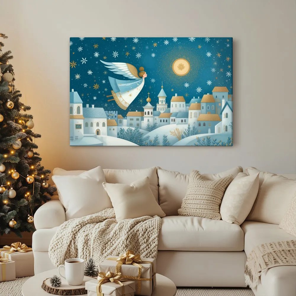 Vianočný obraz anjel nad zimnou dedinou