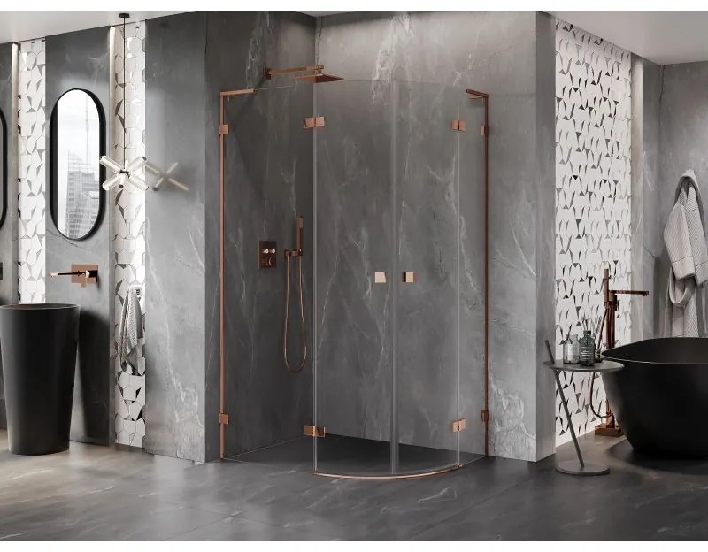 Mexen Lunar, L polkruhový výklopný sprchový kút 100 x 80 cm, 8mm číre sklo, profil ružové zlato, 833L-100L-080P-60-00