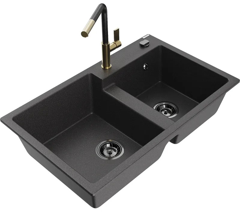 Mexen Tomas, 2-komorový granitový drez 800x500x190 mm a drezová batéria Flora, čierna škvrnitá, 6516-76-670401-75-B