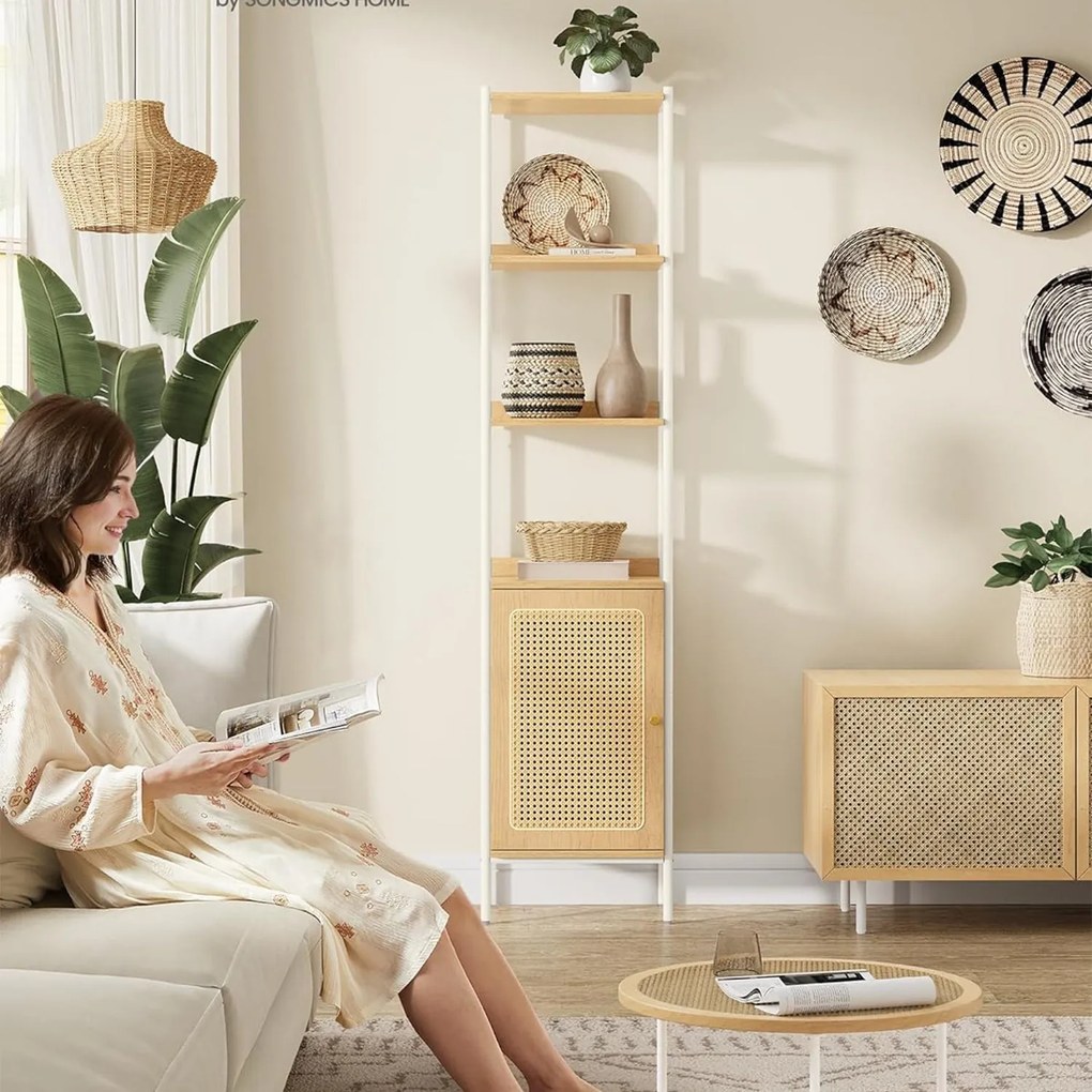 6-úrovňová knižnica, vysoká polica na knihy s dvierkami, farba dub a biela