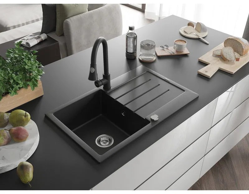 Mexen Bruno, 1-komorový granitový drez 795x495x200 mm a drezová batéria Elia, čierna, 6513-77-670101-70