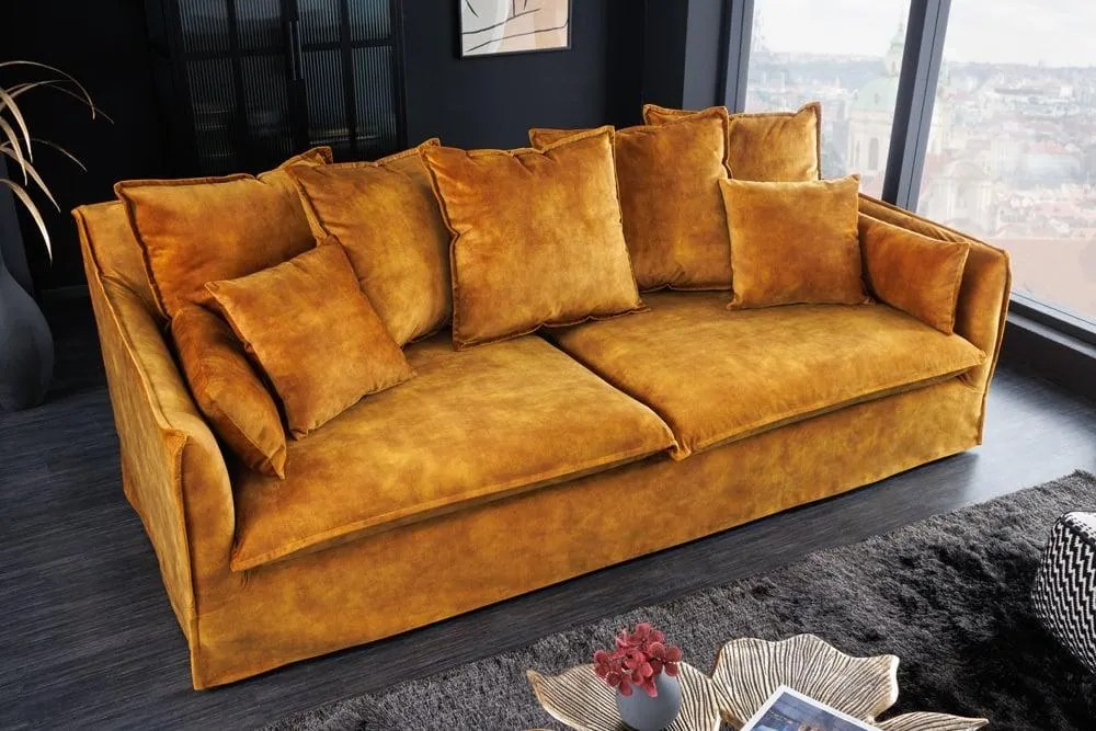 Invicta Interior - Pohovka 3-miestna HEAVEN 210 cm, zamat, odnímateľný poťah, horčicovo žltá