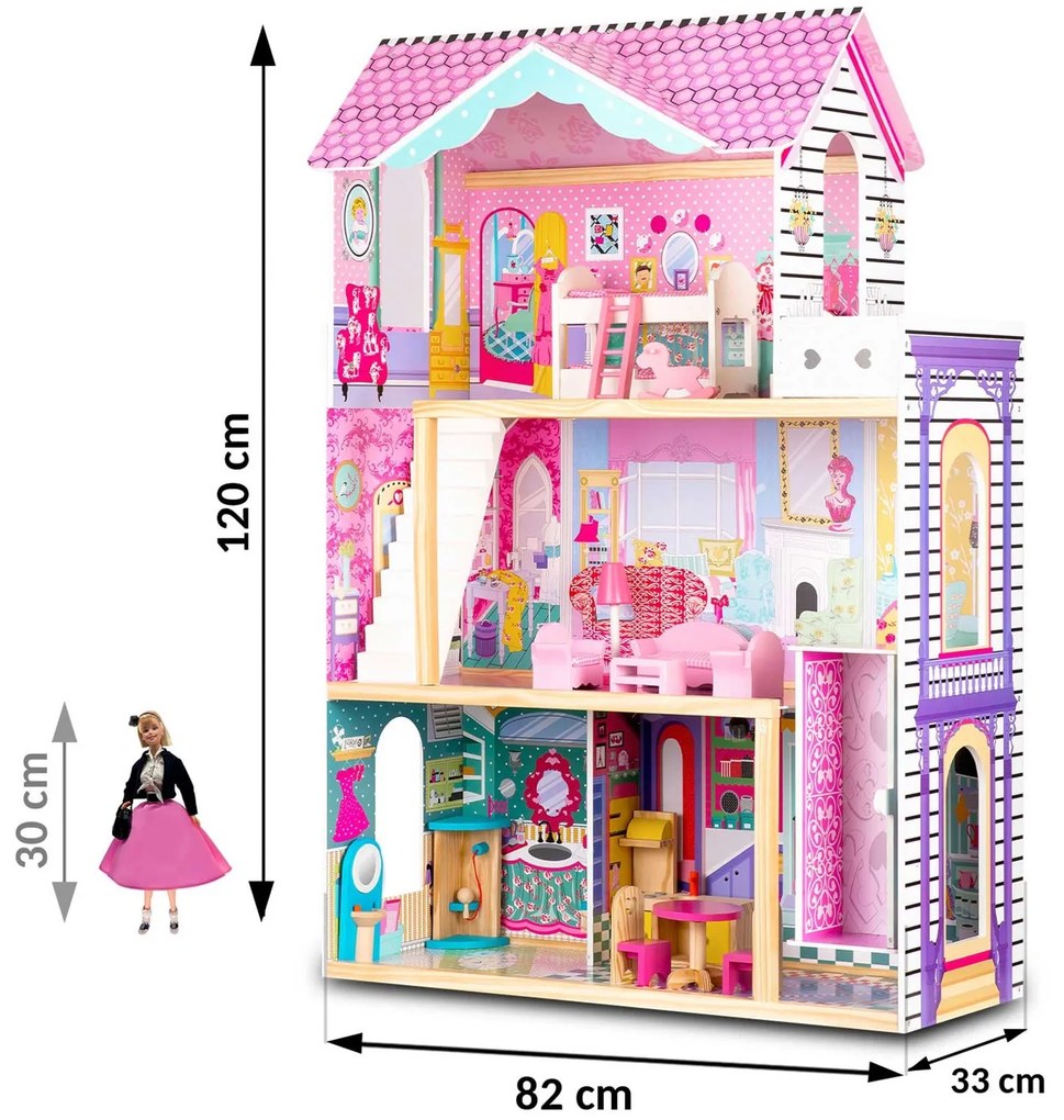 Ricokids Drevený domček pre bábiky veľký 3-poschodový s výťahom a LED osvetlením