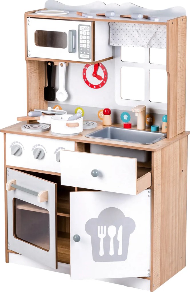 ECOTOYS Drevená veľká detská kuchynka ECOTOYS, 16 doplnkov, trúba a mikrovlnka