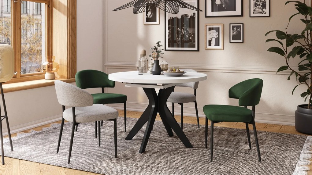 RENZO Biely/čierna noha - OKRÚHLY STÔL Ø110 ROZKLADACÍ DO 180 cm | DO KUCHYNE JEDÁLNE OBÝVAČKY RETRO