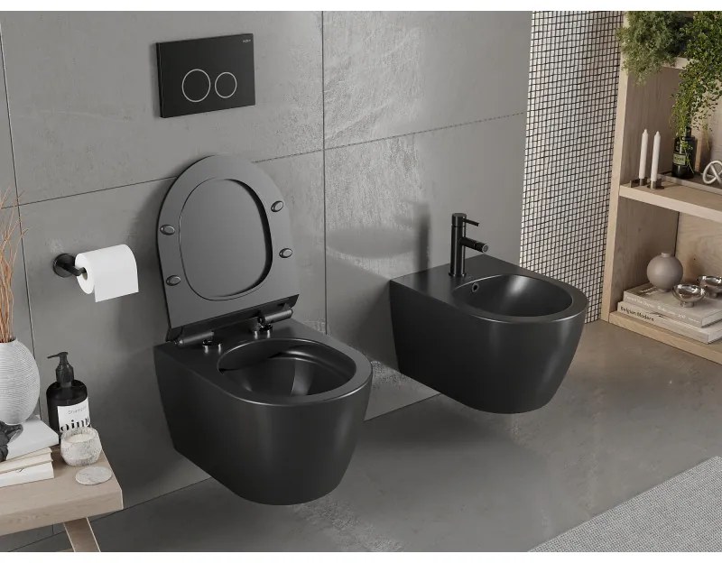Mexen Carmen závesné wc Rimless s toaletným Slim sedátkom z duroplastu, čierna matná - 30880185