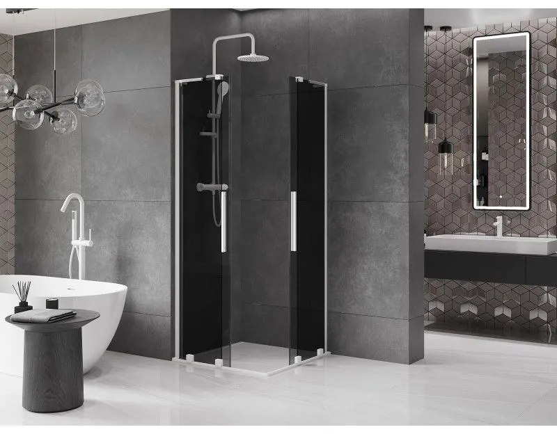 Mexen Velar L Duo, sprchový kút s posuvnými dverami 80 x 80 cm, 8mm šedé sklo, biela matná, 871-080-080-02-43-20