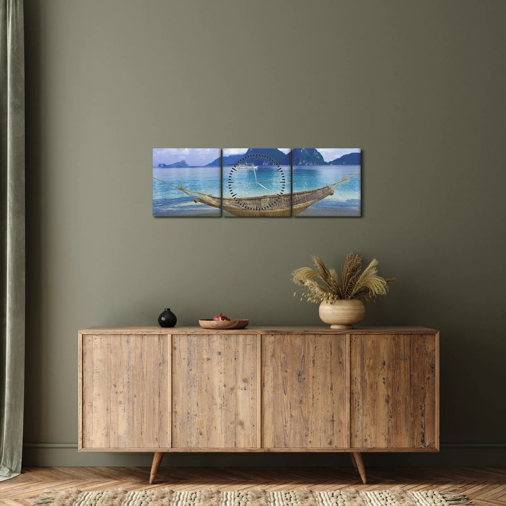 Obraz - Obraz hojdacej siete na pláži 2 (s hodinami) (90x30 cm)