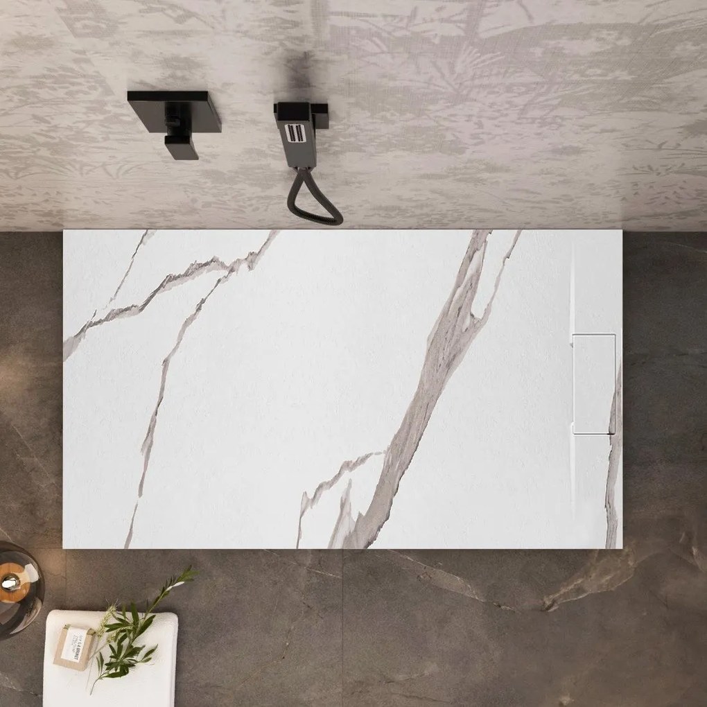 Obdĺžniková sprchová vanička z SMC kompozitu REA BAZALT CARRARA 100x80 cm, biely mramor